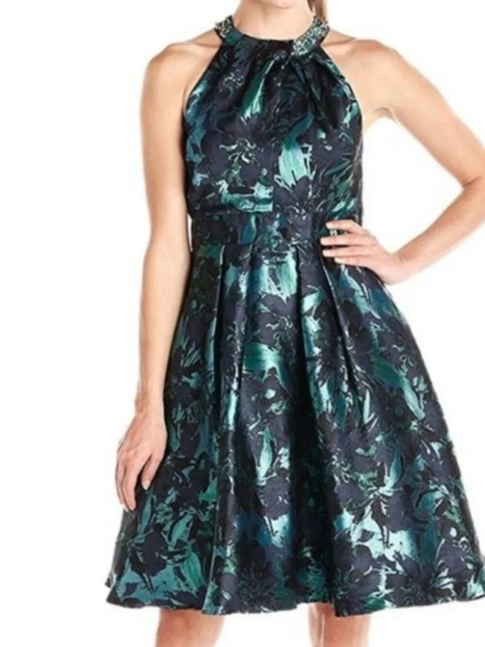 SLNY Floral Metallic Jacquard Halter Cocktail Dress Size 10 NWT Green Blue Black